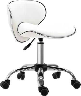 Image de HOMCOM Tabouret à roulettes tabouret de travail avec hauteur réglable 44-56 cm et dossier, tabouret de bureau pivotant 360° pour salon de massage, bureau, clinique, blanc