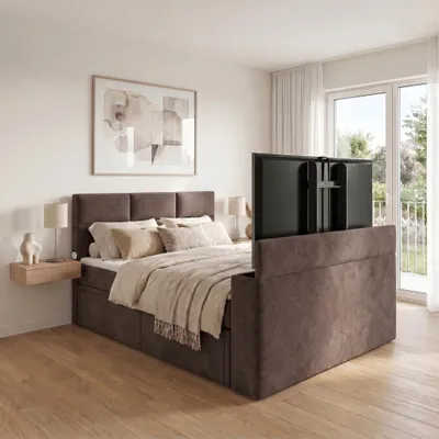 Produktbild von ELVORA DESIGNE Boxspringbett 180x200 cm SMARTCUBE-TV mit Bonellmatratze H3 & Topper, 2 Schubladen, Dunkelbraun