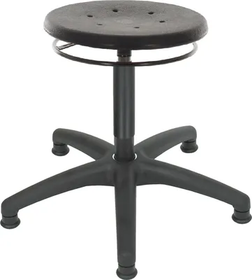 Produktbild von Drehhocker Atlanta | Sitzhöhe 40-59cm | Ø 63cm | Tragfähigkeit 110kg | Polyurethane-Sitz | Kunststof-Fußkreuz mit Gleiter | Ringauslösung | Schwarz