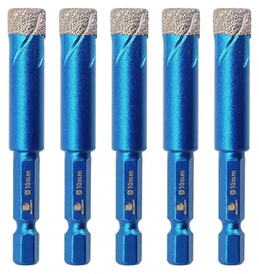 Zdjęcie produktu dla Zestaw wierteł diamentowych, 5 sztuk, średnica 10 mm, trzpień sześciokątny, do wiercenia w płytkach, ceramice, granicie, szkle i marmurze