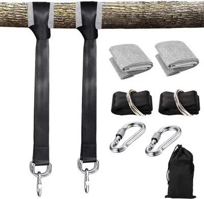 Produktbild von Schwingsitzbefestigung, 150 cm, Hängematte, Befestigung, Schwingsitz, Aufhängeschnur, Set mit 2 Reifenbeschutzern und 2 schweren D-Ringen für Garten, Camping, Reisen, Strand, Tragfähigkeit 500 kg