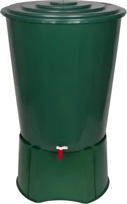 Produktbild von XL Regentonne 310 Liter aus Kunststoff in Grün. Mit sehr robustem Monoblock Stand, Wasserhahn und Deckel mit Sicherheitsverschluss