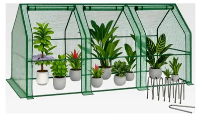 Produktbild von Mini-Gewächshaus 270x90x90 cm mit 3 Rolltüren, Foliengewächshaus für Balkon und Garten, stabil und winterfest, verstärkte PE-Folie 135g/m², grün