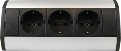 A product shot of a silver and black power strip with three European-style outlets and two black protective covers.