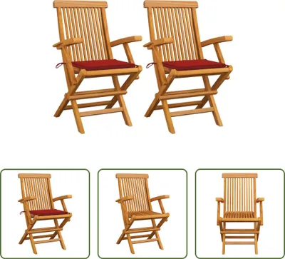 Produktbild von The Living Store Gartenstühle mit Roten Kissen 2 Stk. Massivholz Teak