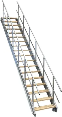 Produktbild von 13-er Wangentreppe Stahl mit Stufenkonsolen für Holzstufen ohne Stufen 195 - 260 cm Höhe 2x Geländer