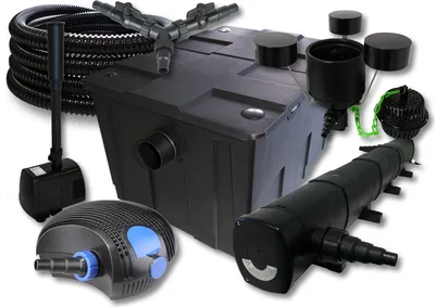 Zdjęcie produktu dla Kompletny zestaw SunSun: filtr do oczka wodnego CBF-550 do 60000 l, pompa do oczka wodnego CTF-12000 12000 l/h 100 W, osadnik do oczka wodnego CUV-272 72 W, wąż 25 m 25 mm, skimmer CSP-250 2500 l/h, fontanna HJ-943 800 l/h, rozdzielacz Y