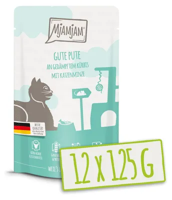 Produktbild von MjAMjAM Quetschie gute Pute an gedämpftem Kürbis, Adult, Kürbis, Truthahn, 125 g, Getreidefrei