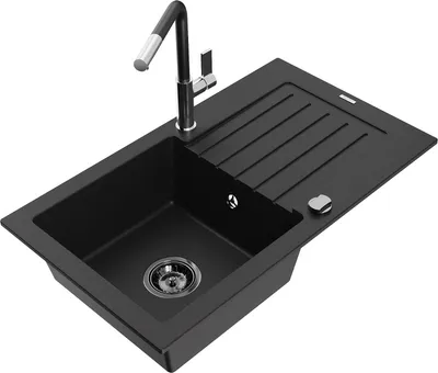Produktbild von Mexen Pablo 1 Becken-Granitspüle mit Abtropffläche und Mischbatterie Flora, Schwarz - 6510-77-670401-07-B