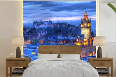 Produktbild von MuchoWow® Fototapete für Wohnzimmer oder Schlafzimmer Wandtapete Vinyl Motivtapete Schloss - Licht - Nacht - Edinburgh - 350x350 cm - Schlafzimmertapete