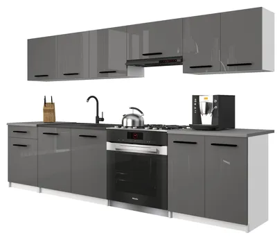 Immagine prodotto di Belini - Angolo cottura moderno ITALIA 2 - Mobili da cucina 240 cm grigio lucido - Cucina componibile con pensili, mobili base e piani di lavoro