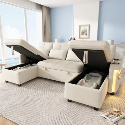Produktbild von STILVORA Ecksofa mit Schlaffunktion und 2 Stauraum-Chaiselongues, Schlafsofa mit LED-Beleuchtung und USB/Type-C-Anschluss, U-Sofa mit verstellbarer Rückenlehne und Seitentasche
