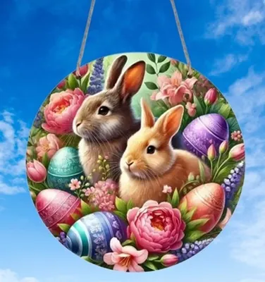 Produktbild von GKA XL Türschild Wandbild Holz 2 Osterhasen Ostereier und Blumen bunt 20 cm Ostern Hase Eier Osterdekoration Osterhase