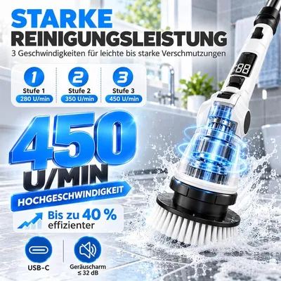 Produktbild von Elektrische Scheuerbürste mit 8 Bürstenaufsätzen, verstellbarem Bürstenkopf und ausziehbarem Stiel, 3 Geschwindigkeiten, für Dusche, Badewanne und Fugen