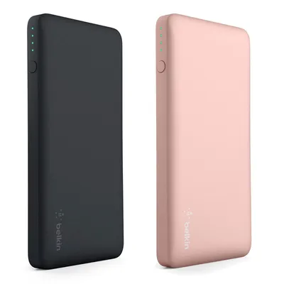 Two power banks, one black and one pink, are shown side-by-side against a white background.