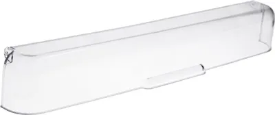 A clear plastic shelf or cover for a refrigerator door.