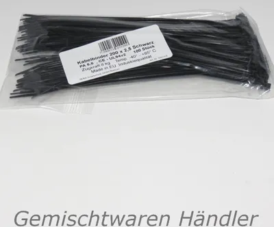 Produktbild von 100 Kabelbinder Industriequalität Schwarz 200mm x 2,5mm Kabel Binder Set