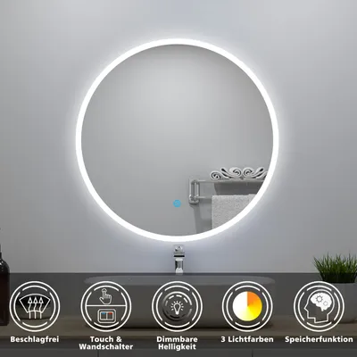 Produktbild von LED Rund Badspiegel 50cm 3 Lichtfarbe 3000K-6000K Dimmbar Memory-Funktion Badezimmerspiegel mit Touch/Wandschalter Beschlagfrei IP44