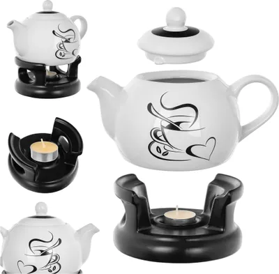 Zdjęcie produktu dla KADAX imbryk 1 l z podgrzewaczem, porcelanowy dzbanek do kawy z pokrywką, uchwytem i podgrzewaczem, imbryk z podgrzewaczem do herbaty, zestaw do herbaty (czarny/biały)