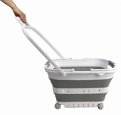 Immagine prodotto di Cesto portabiancheria pieghevole in plastica con maniglia e ruote a 360°, capacità 35 litri, salvaspazio, bianco e grigio, dimensioni 52,5 x 39,5 x 32,5 cm, privo di BPA