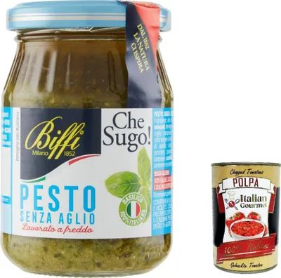 Produktbild von 12x Biffi Pesto alla genovese senz'aglio, 100% vegetale, Pesto Sauce Ohne Knoblauch, 190 g Soße + Italian Gourmet polpa 400g
