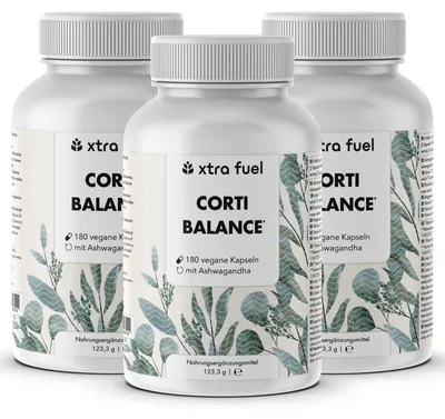 Produktbild von Corti Balance* - Cortisol Kapseln* - Nährstoffmix mit Ashwagandha, Rhodiola & Vitamin B6 – 3x Dosen (540x Corti Balance Kapseln)