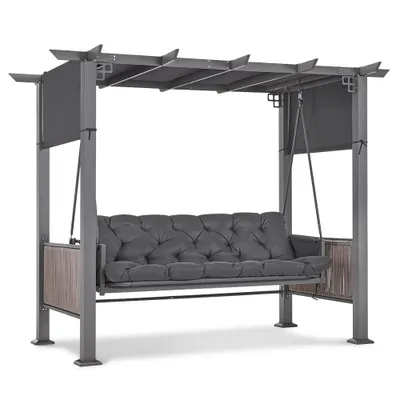 Produktbild von M MCombo 3-Sitzer Pergola Hollywoodschaukel mit Liegefunktion & Gartenpavillon, Gartenschaukel mit Ausziehbarem Sonnendach, 8CM Extradickem Sitzkissen