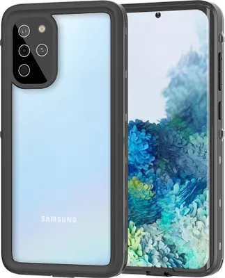 A Samsung Galaxy S20 Plus phone in a black protective case, shown from the back and side.