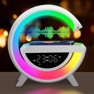 Zdjęcie produktu dla Bezprzewodowa lampka nocna z głośnikiem Bluetooth, z regulacją jasności i różnymi kolorami, budzikiem oraz synchronizacją światła i muzyki
