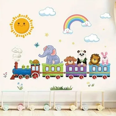 Produktbild von GKA Wandtattoo für Kinder Baby GK81 Zug mit 3 Waggons 6 Safari Tieren Regenbogen und Sonne Wandsticker Kinderzimmer Wandaufkleber