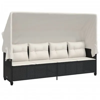 Image de vidaXL Bain de soleil avec toit et coussins noir Poly rotin