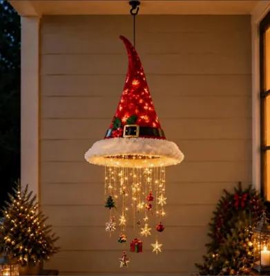 Produktbild von Beleuchtete Hängende,Hängeleuchte Weihnachtsmannmütze mit Sternförmigem Anhänger,Weihnachtsbeleuchtung (B)