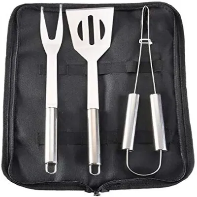 Produktbild von Grillbesteck Set 3-teilig Edelstahl Rohrgriff Mit Tragetasche Outdoor BBQ Werkzeug Gartenküche