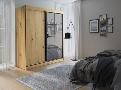 Produktbild von Easy4You OSLO II Artisan Schiebetürenschrank Kleiderschrank 180x216x65 cm mit Spiegel - Schlafzimmermöbel, Aufbewahrung – Mehrzweckschrank mit Kleiderstange
