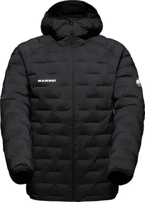 A black puffer jacket with a hood, displayed front-on against a white background.