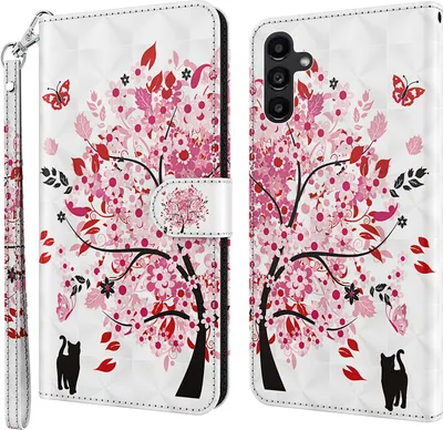 Produktbild von CLM-Tech Hülle kompatibel mit Samsung Galaxy A14 5G - Tasche aus Kunstleder - Klapphülle mit Ständer und Kartenfächern, Baum rosa weiß