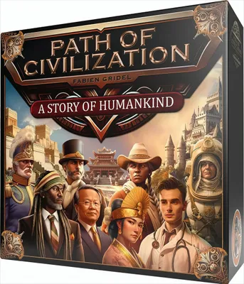 The image shows the box art for the board game 'Path of Civilization: A Story of Humankind'. It features a montage of diverse historical and modern figures against a backdrop of stylized architecture.