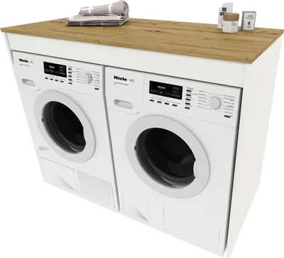 A white washing machine and dryer unit with a wooden countertop, placed on a white background.