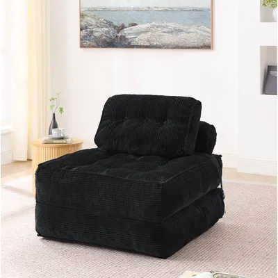 Immagine prodotto di Poltrona da terra pieghevole 2 in 1 in velluto a coste, divano pieghevole con schienale regolabile, versatile come letto per gli ospiti e poltrona da salotto, ideale per il soggiorno e la camera da letto, nero