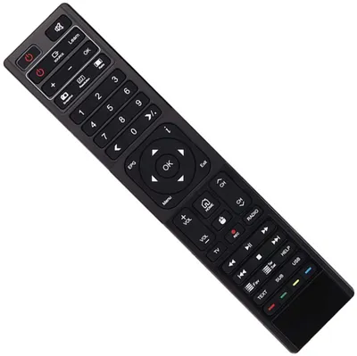 A black remote control is shown against a white background.