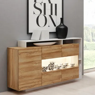 Produktbild von Kommode Sideboard PANZO 155 cm Eiche Grandson Weiß LED Grifflos