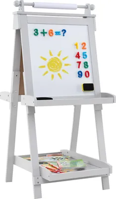 Zdjęcie produktu dla COSTWAY Tablica dla dzieci dwustronna, sztaluga składana o regulowanej wysokości z tablicą, tablica magnetyczna, rolka papieru, tablica dla dzieci 3+ szara