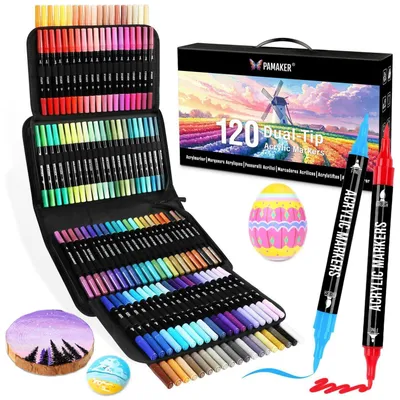 Immagine prodotto di Set di pennarelli acrilici con 120 colori, punta doppia, impermeabili, adatti per pietra, vetro, Vetroceramica e tessuto