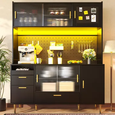 Produktbild von Hochglanz-Schwarzer Buffetschrank mit LED-Beleuchtung Lochwand hoher Küchenschrank Glas-Schiebetüren Magnettür 140x40x180cm Schwarz