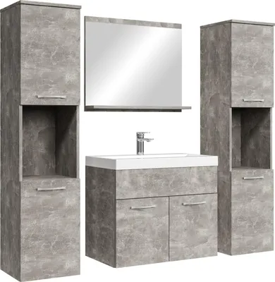 A bathroom vanity set with a sink, mirror, and two cabinets, displayed against a white background.