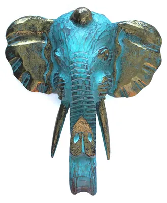 Image de Grande tête d'éléphant, décoration murale, turquoise/doré, bois, 29 cm