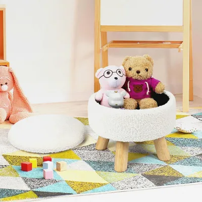 Produktbild von Runder Sitzhocker, Teddy Samt Fußhocker mit Stauraum, Deckel abnehmbar, Holzstütze, Moderne Polsterhocker, Schminkhocker für Wohnzimmer, Schlafzimmer, 31,7 x 31,7 x 28 cm, Cremeweiß