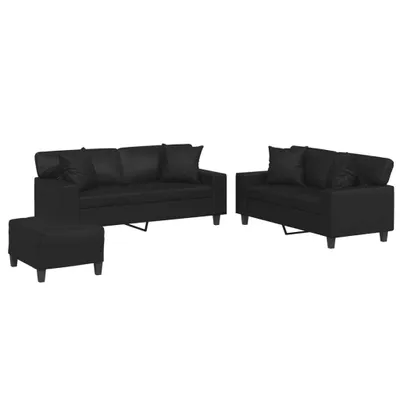 Produktbild von vidaXL 3-tlg. Sofagarnitur mit Kissen Schwarz Kunstleder