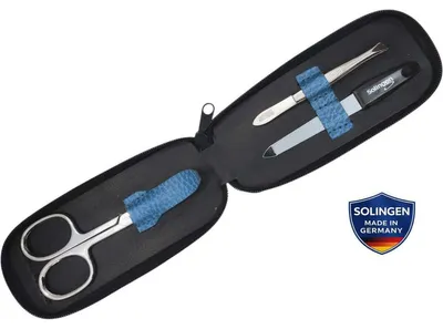 Produktbild von Maniküre-Etui mit Solingen Instrumenten – Nagelschere, Pinzette & Saphirfeile – Echtleder Dollaro Leder – Germany Blau