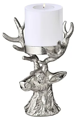 Kerzenhalter Hirsch, 20 cm, vernickeltes Aluminium, Silberlook